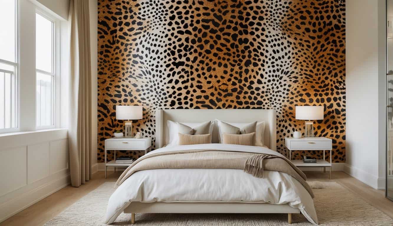 A bright bedroom with animal print wallpaper, a neatly made bed, modern furniture, and a clean, open layout.
