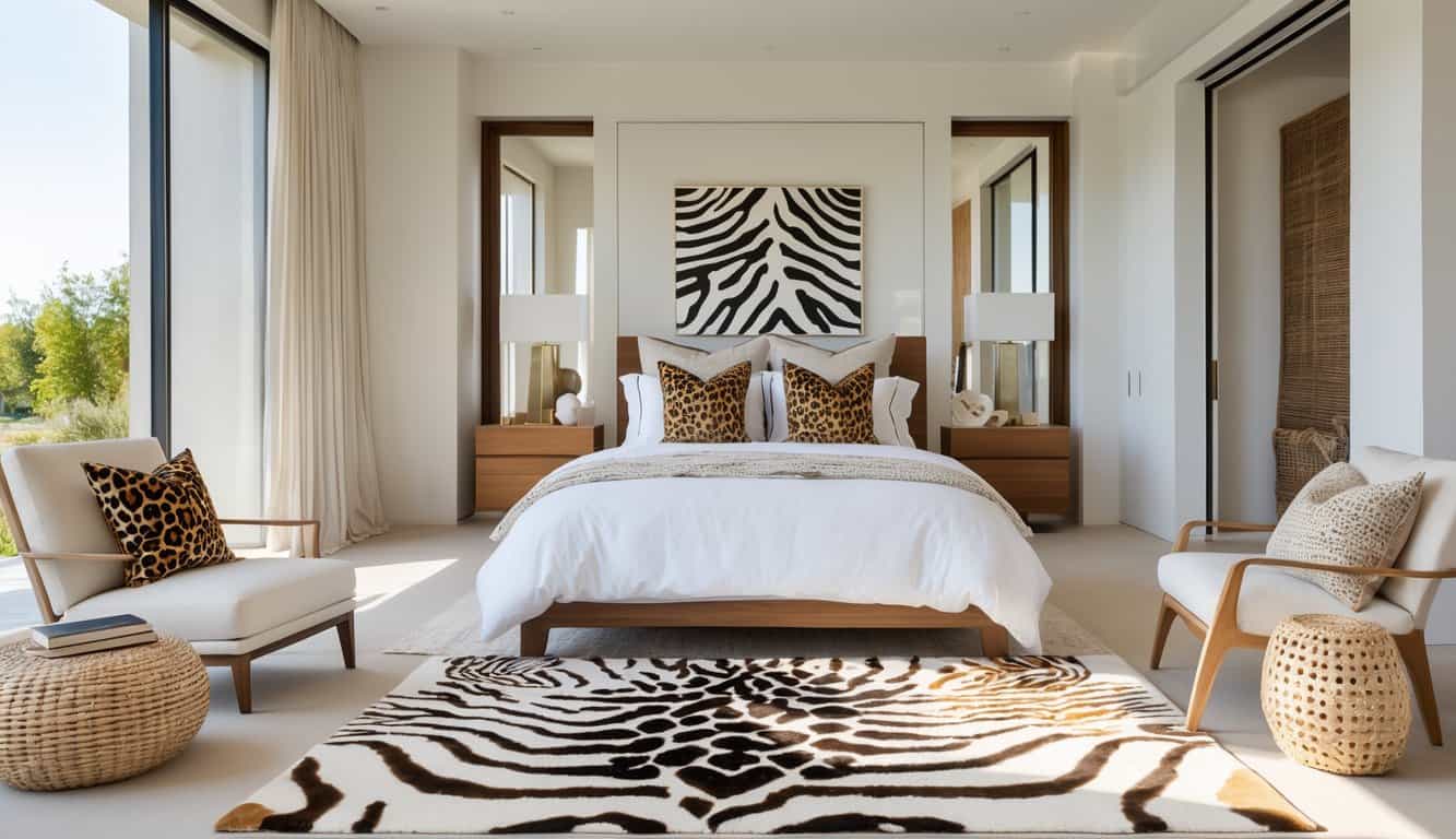 A bright bedroom with a neatly made bed featuring animal print pillows and rug, modern furniture, and sunlight streaming through large windows.