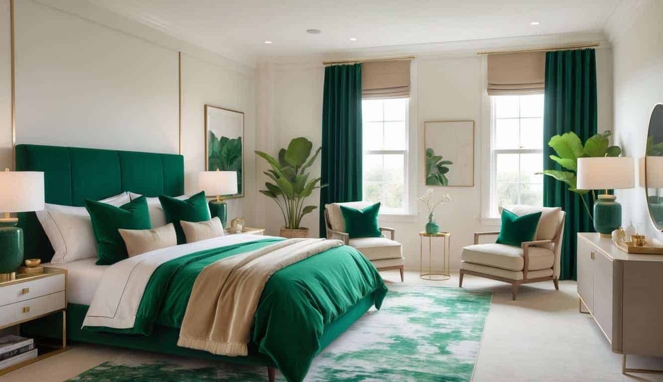 A bright bedroom with an emerald green bedspread, modern furniture, and a clean, inviting layout.