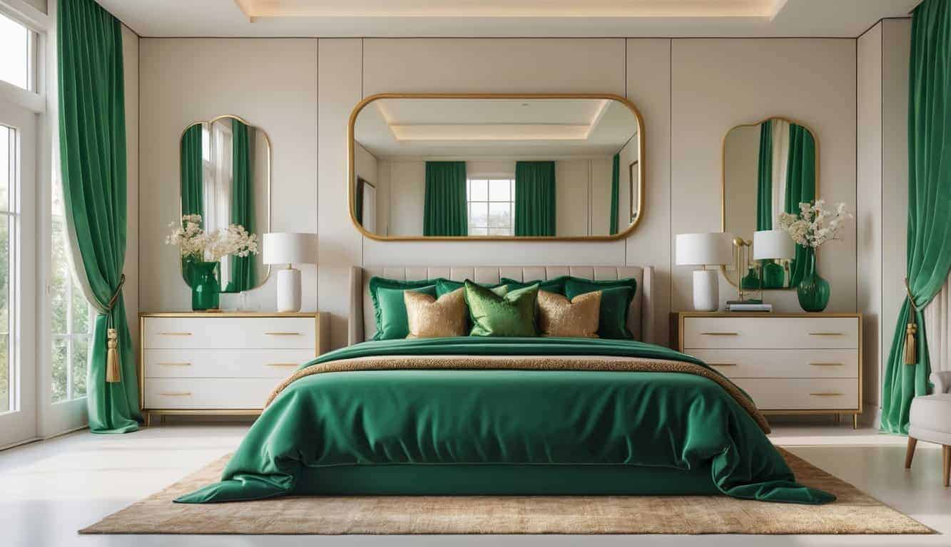 A bright bedroom with an emerald green and gold framed mirror above a dresser, a neatly made bed with green bedding, and large windows letting in natural light.