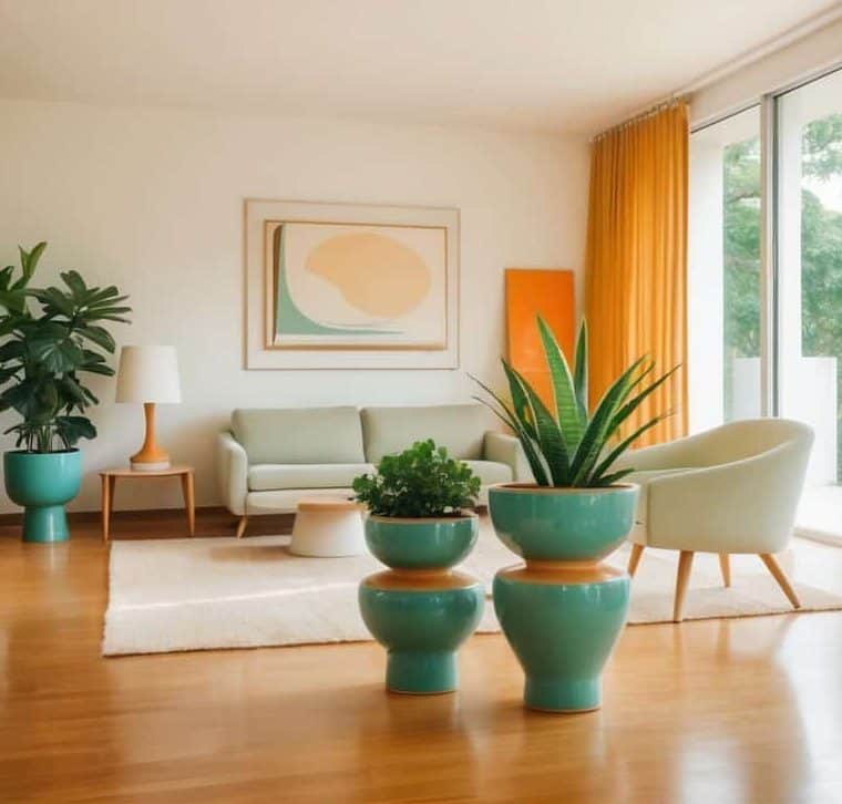 Two bright, modern living rooms with large windows, indoor plants, pastel-colored furniture, and wooden floors, featuring minimalist decor and natural light.