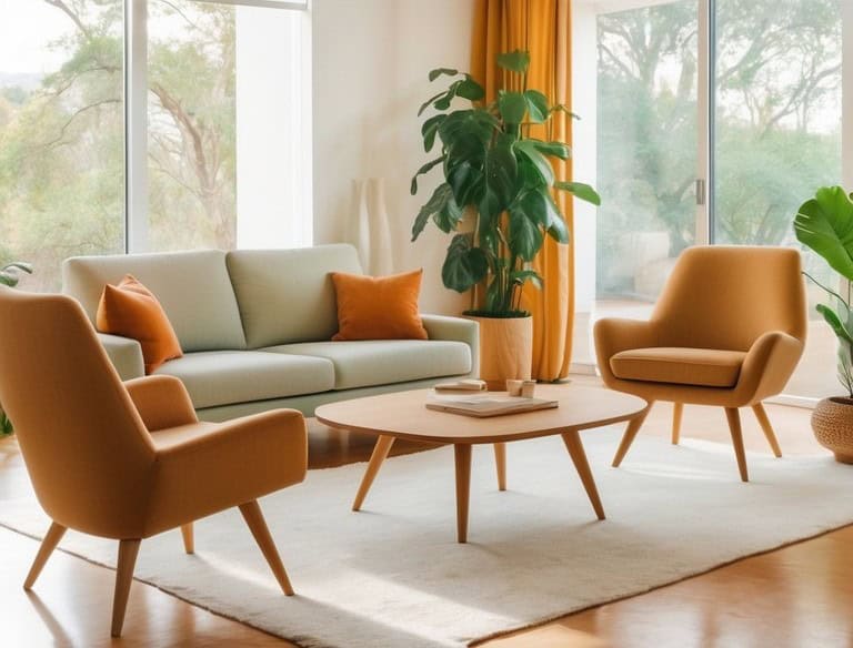 A modern living room with a light gray sofa, two orange armchairs, a wooden coffee table, large potted plants, and floor-to-ceiling windows with orange curtains.