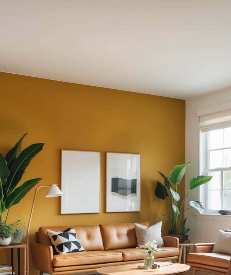 A modern living room with a mustard yellow accent wall, tan leather sofa, armchair, potted plants, large window, and abstract art prints above a white rug on hardwood floors.