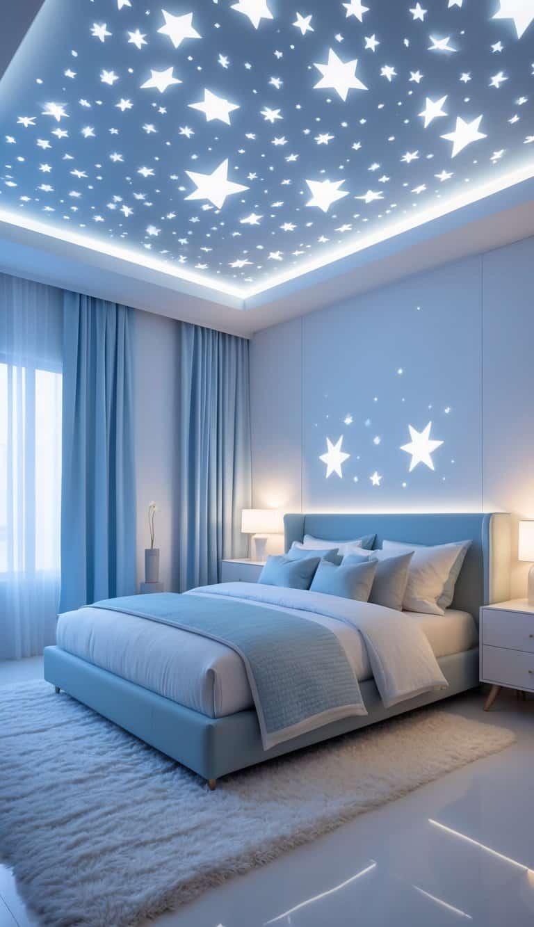 A bright bedroom with a bed under a ceiling decorated with glow-in-the-dark star stickers, modern furniture, and a clean, organized layout.
