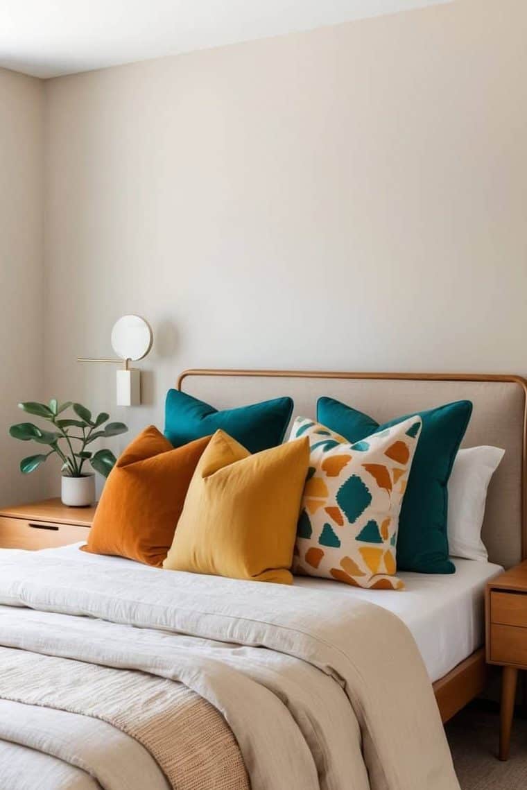A neatly made bed with teal, gold, and patterned throw pillows, a beige comforter, wooden nightstands, a potted plant, and a wall-mounted lamp in a modern bedroom.