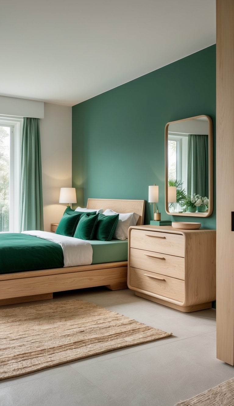 A bright and tidy bedroom with emerald green walls and bedding, natural wood furniture, and a clean, inviting layout.