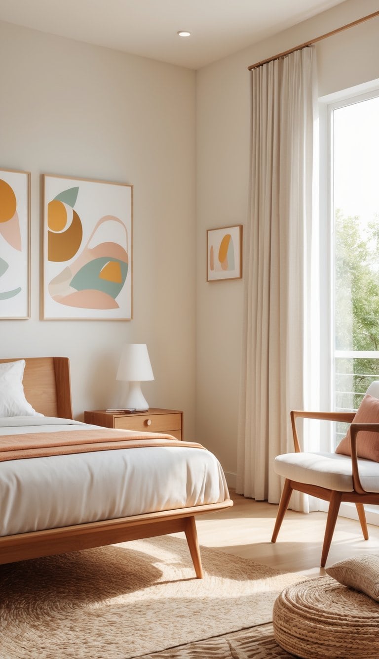 A bright bedroom with a wooden bed, chair, nightstand, abstract art on the walls, and a clean, inviting layout.