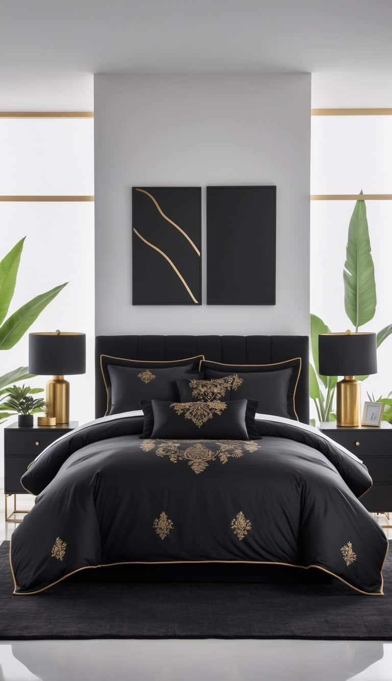 A bright and clean bedroom featuring a black bedspread with gold embroidery, gold-accented lamps, and minimal furniture arranged neatly in the room.