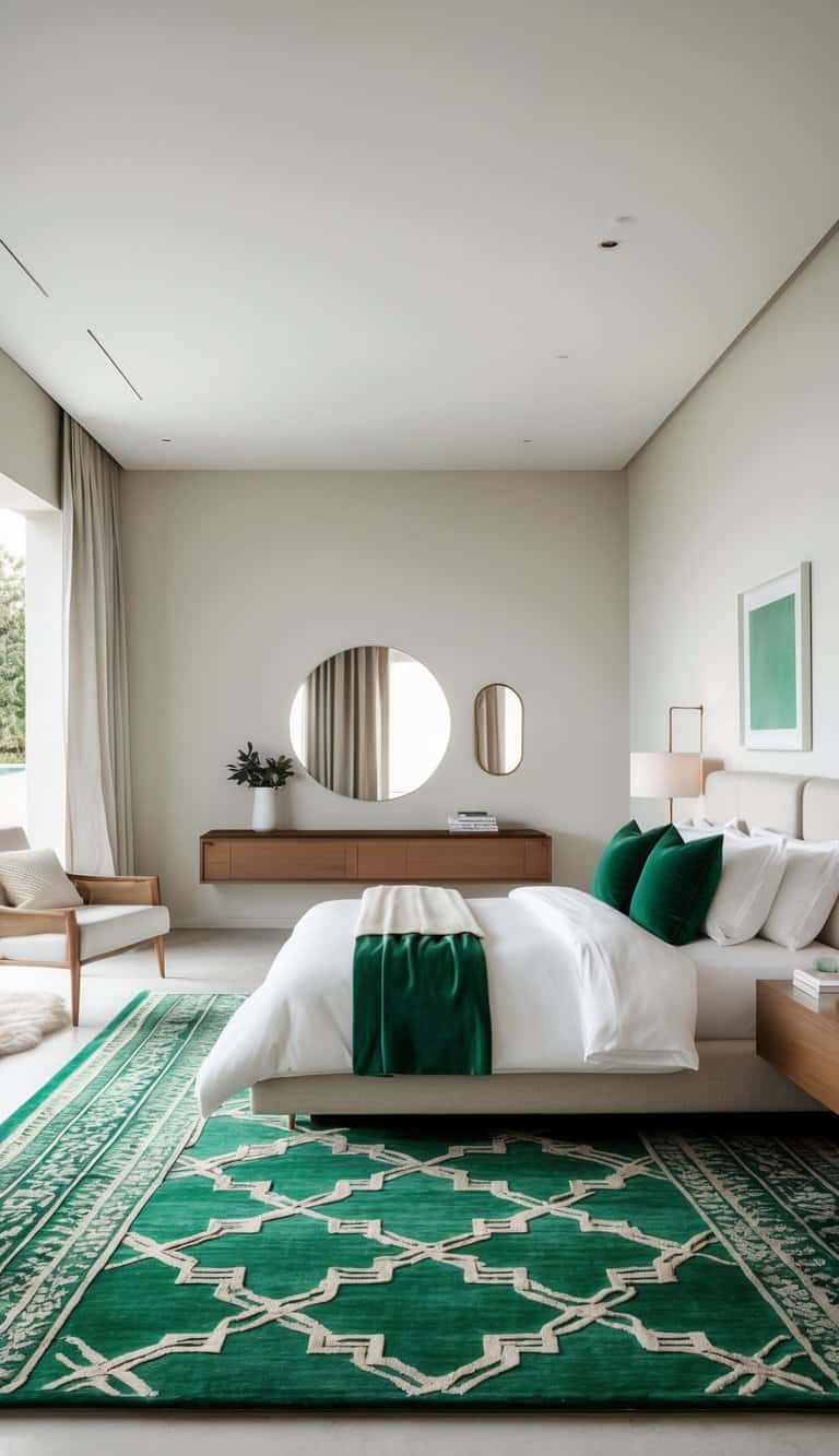 A bright bedroom with a large emerald green geometric patterned rug, a bed with white linens and green pillows, a wooden nightstand, and bright lighting.