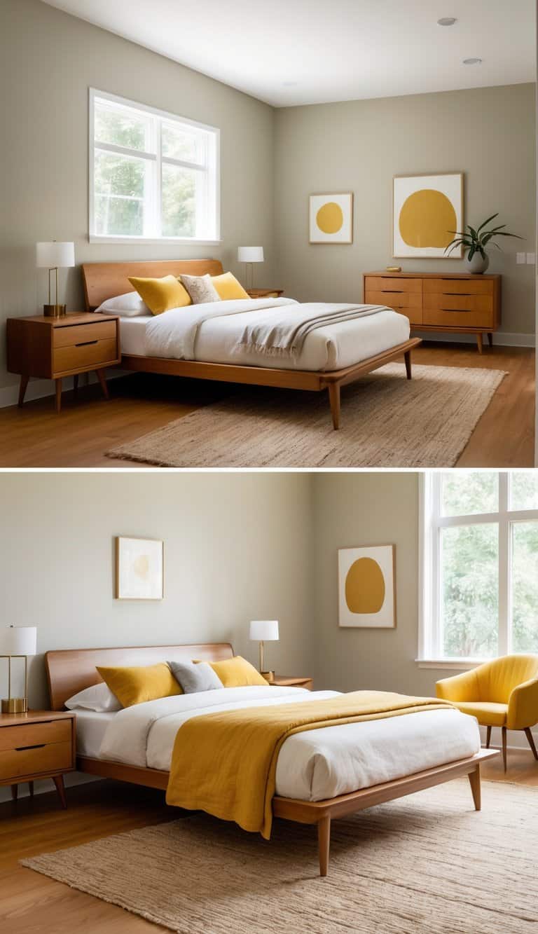 A bright and clean bedroom with a wooden bed, nightstand, and dresser, featuring earth-toned walls and mustard yellow accents in pillows and decor, with natural light filling the space.