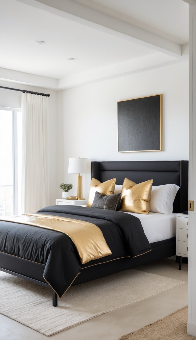 A bright bedroom with a black bed adorned with gold metallic throw pillows, clean furniture, and an uncluttered floor.
