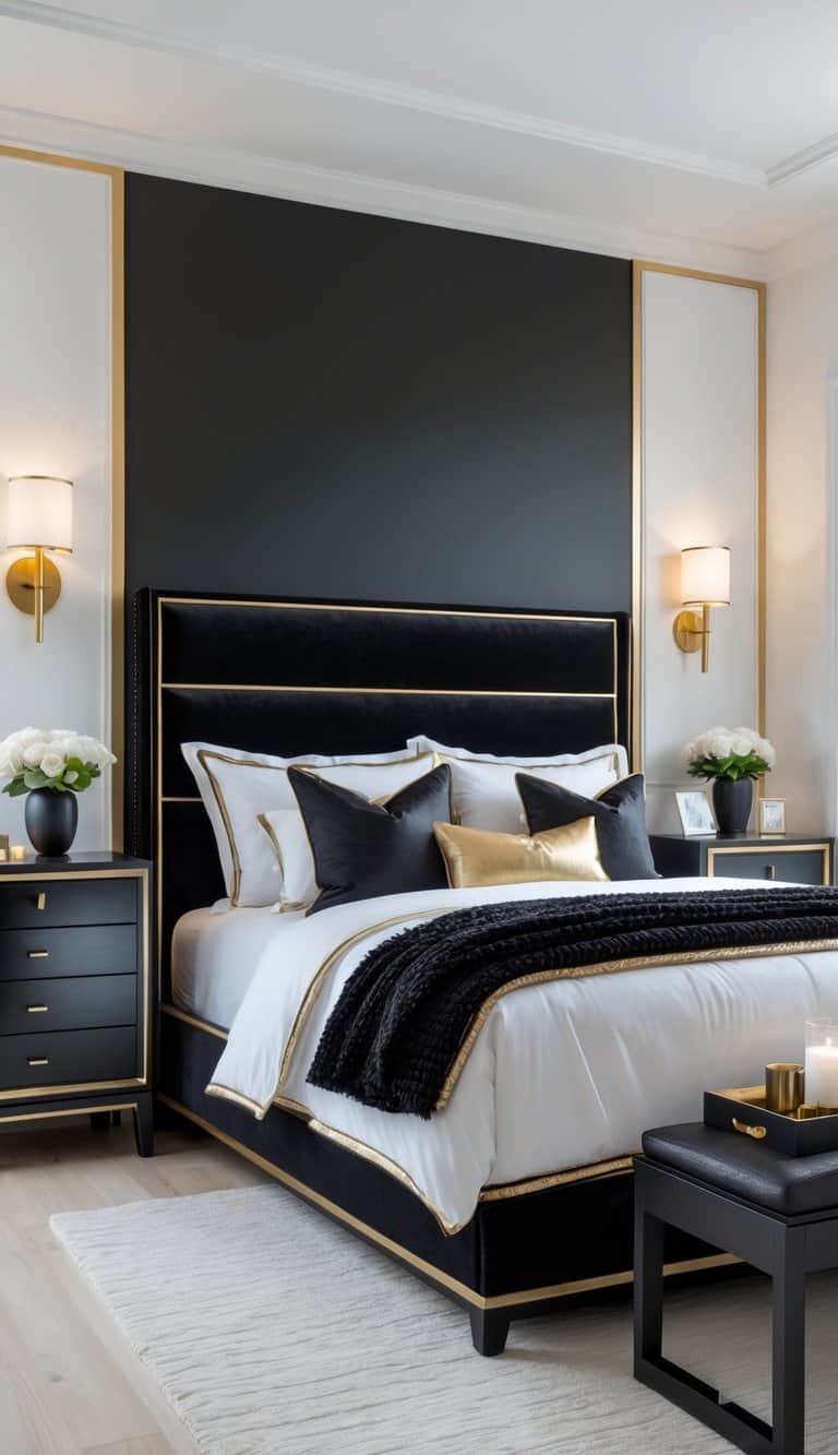 A bright bedroom with black and gold walls, a bed with black and gold accents, gold wall sconces, and minimalistic furniture in a clean and organized space.