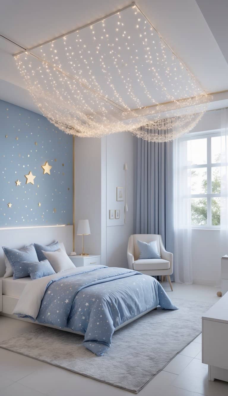 A bright bedroom with a bed, fairy light curtain, modern furniture, and a window letting in natural light.
