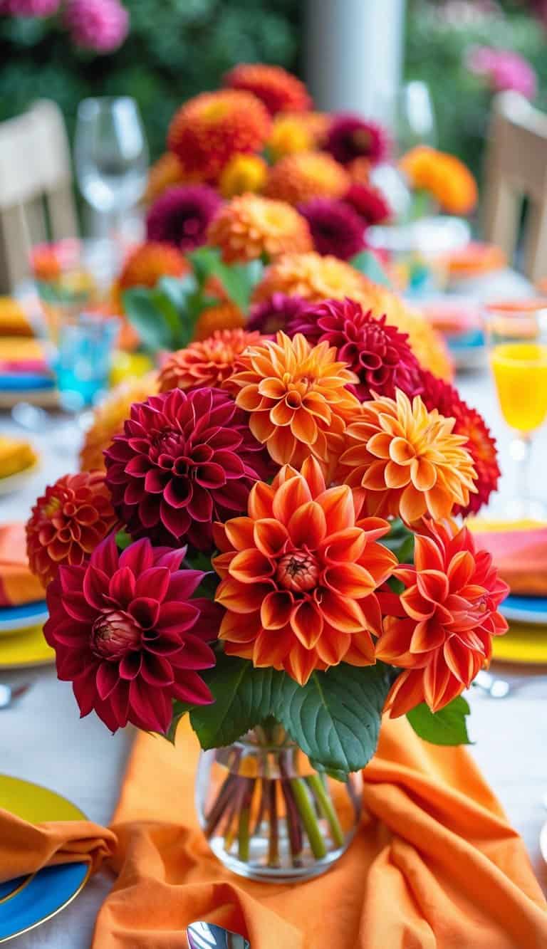 A vibrant bouquet of red and orange dahlias arranged as a centerpiece on a bright, colorful table setting.