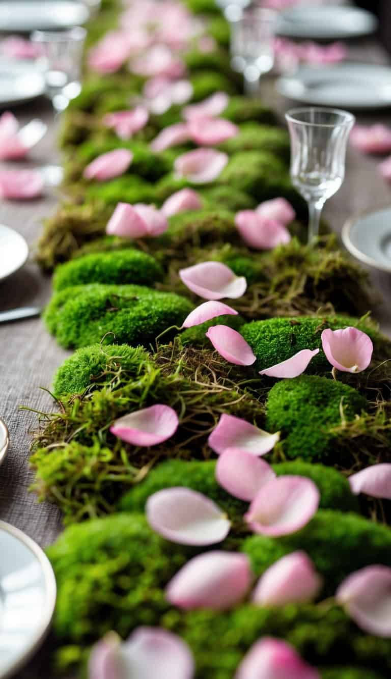 A green moss table runner with scattered pink rose petals on a table.