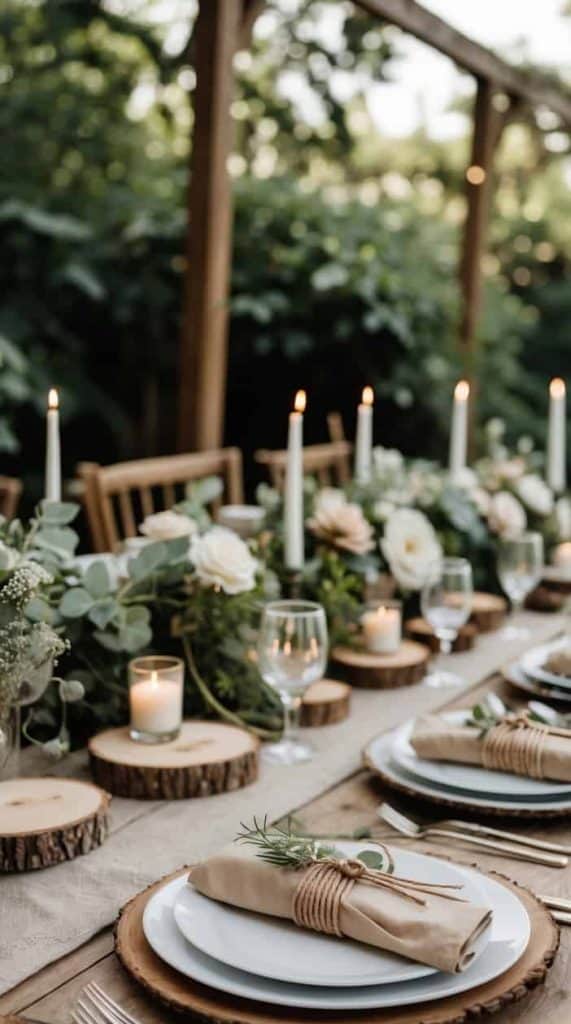A rustic outdoor table is set with wooden chargers, white plates, beige napkins, glassware, candles, and floral arrangements featuring greenery and white flowers.