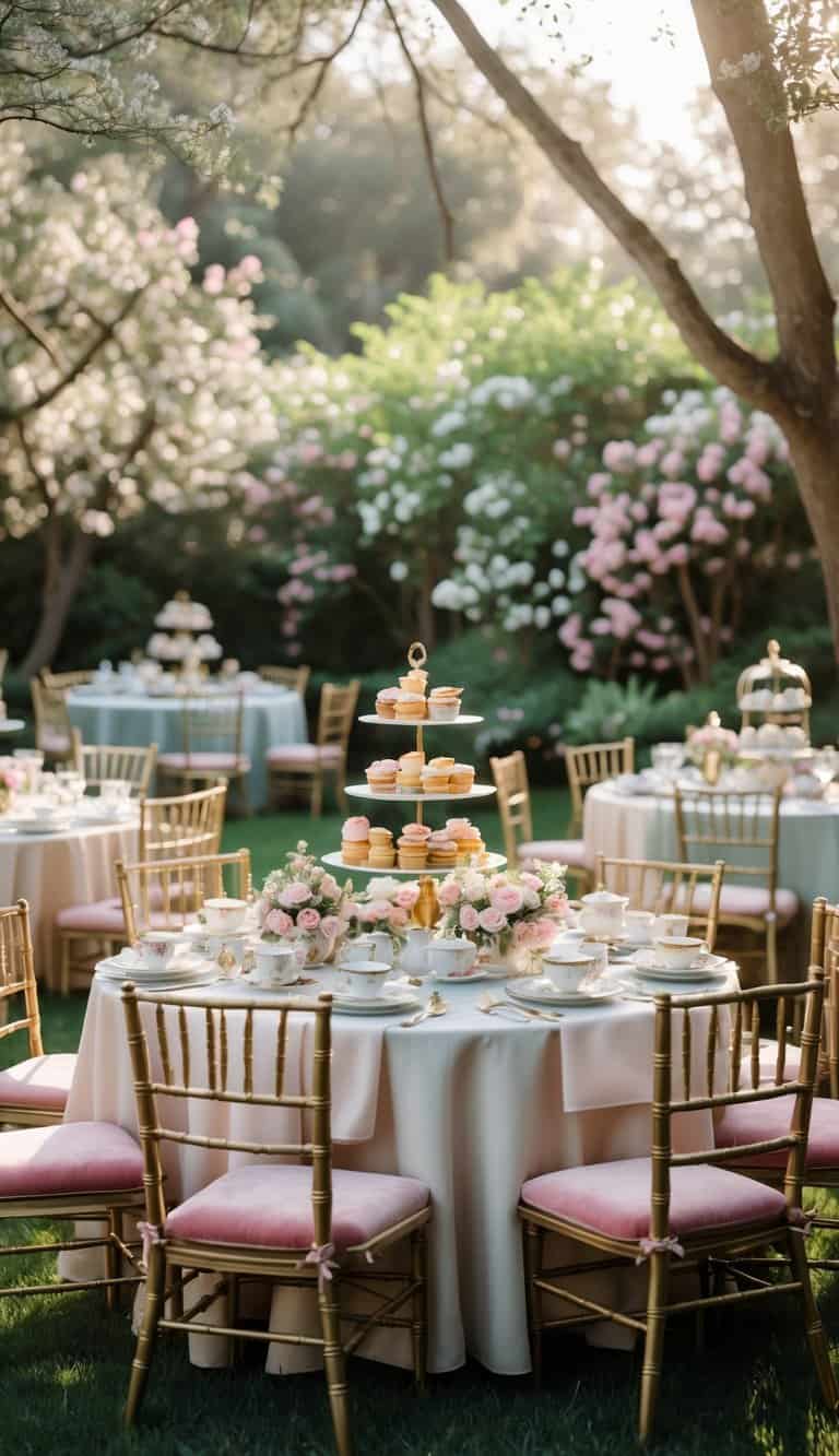 Outdoor garden with multiple tables set for a tea party, each with soft velvet cushions on chairs and decorated with teacups, flowers, and pastries.
