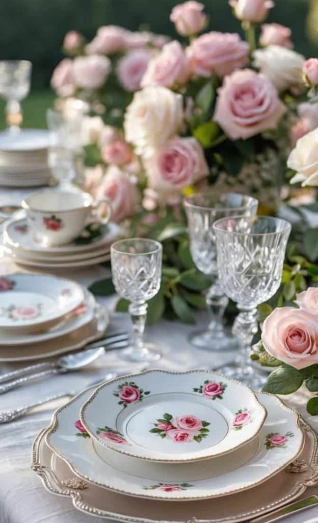 Elegant outdoor table setting with floral china, crystal glasses, silver cutlery, and pink rose centerpieces on a white tablecloth.