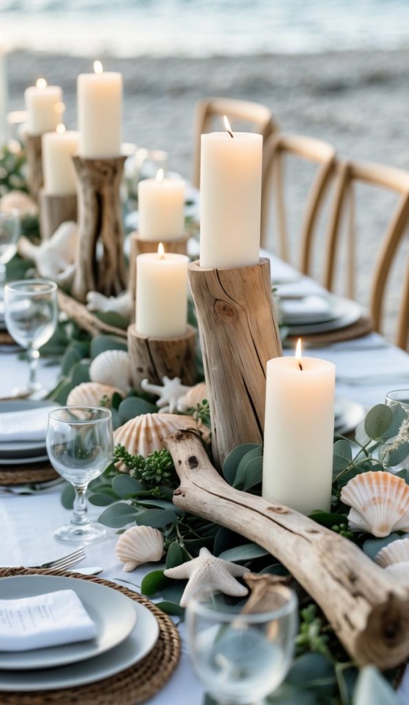 A long beachside dining table is decorated with white candles, driftwood, seashells, greenery, plates, glasses, and napkins, with the ocean visible in the background.