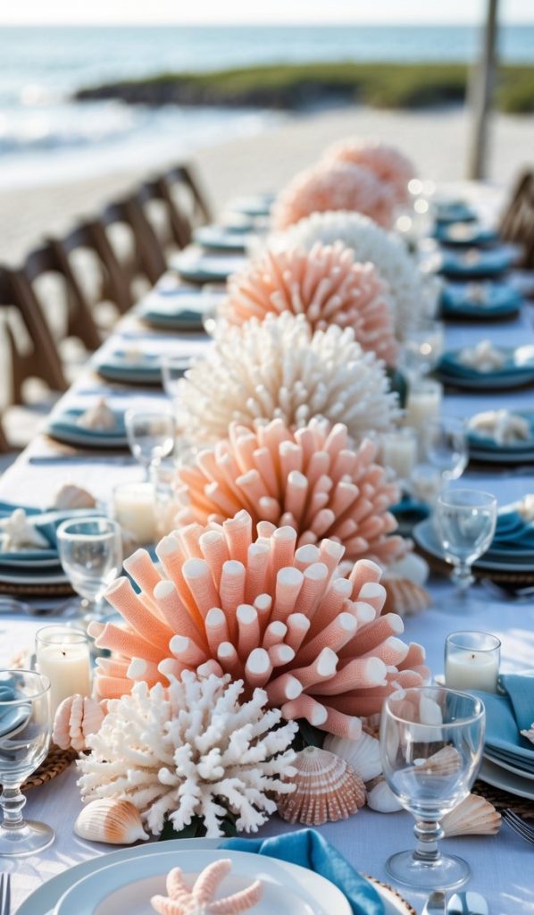 A long outdoor table set with plates, glasses, napkins, and decorated with coral centerpieces and seashells, with a beach and ocean in the background.