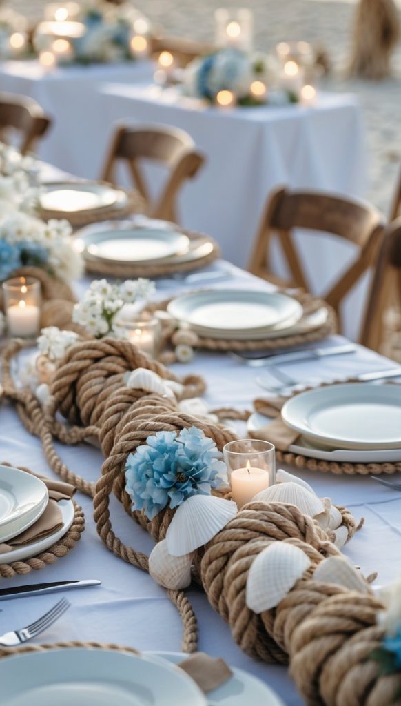 A beach-themed table setting with white plates, rope and seashell centerpieces, blue flowers, and lit candles on a white tablecloth.
