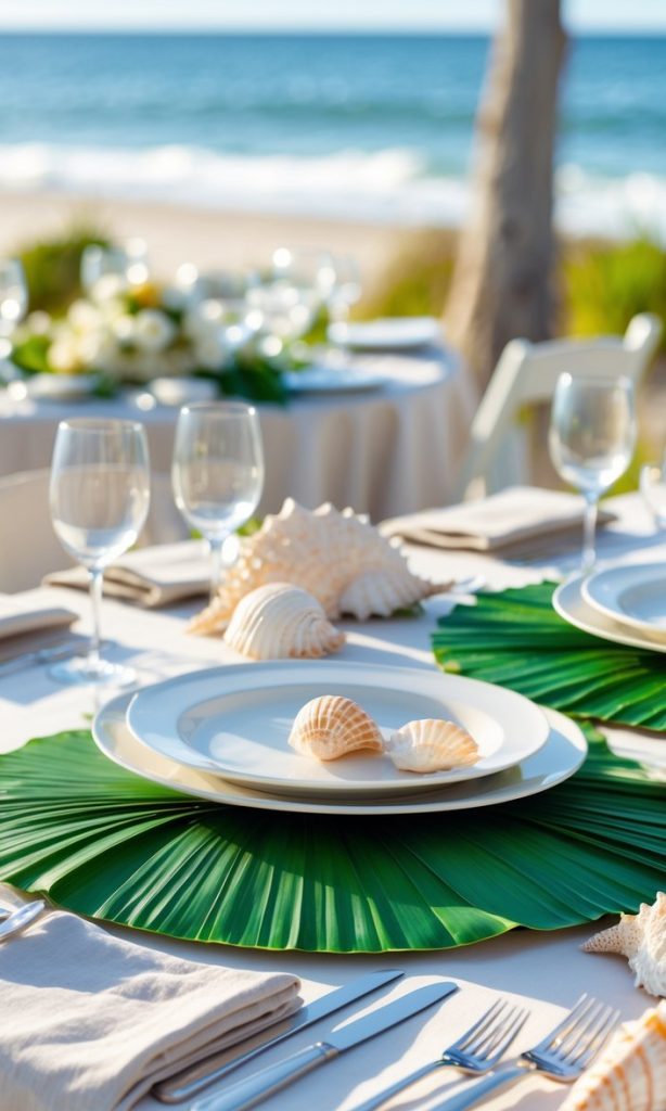 A beachside table setting features white plates on large green leaves with seashells, surrounded by silverware, glasses, and cream-colored linens. The ocean is visible in the background.