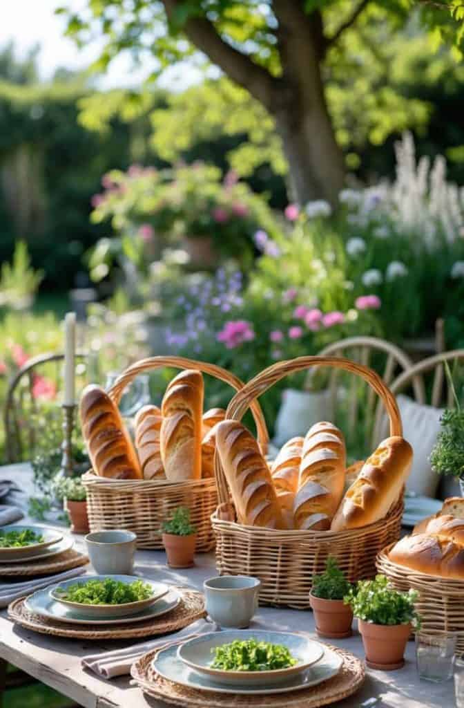 A garden table set for a meal with baskets of baguettes, plates of salad, potted herbs, and mugs, surrounded by greenery and flowers.