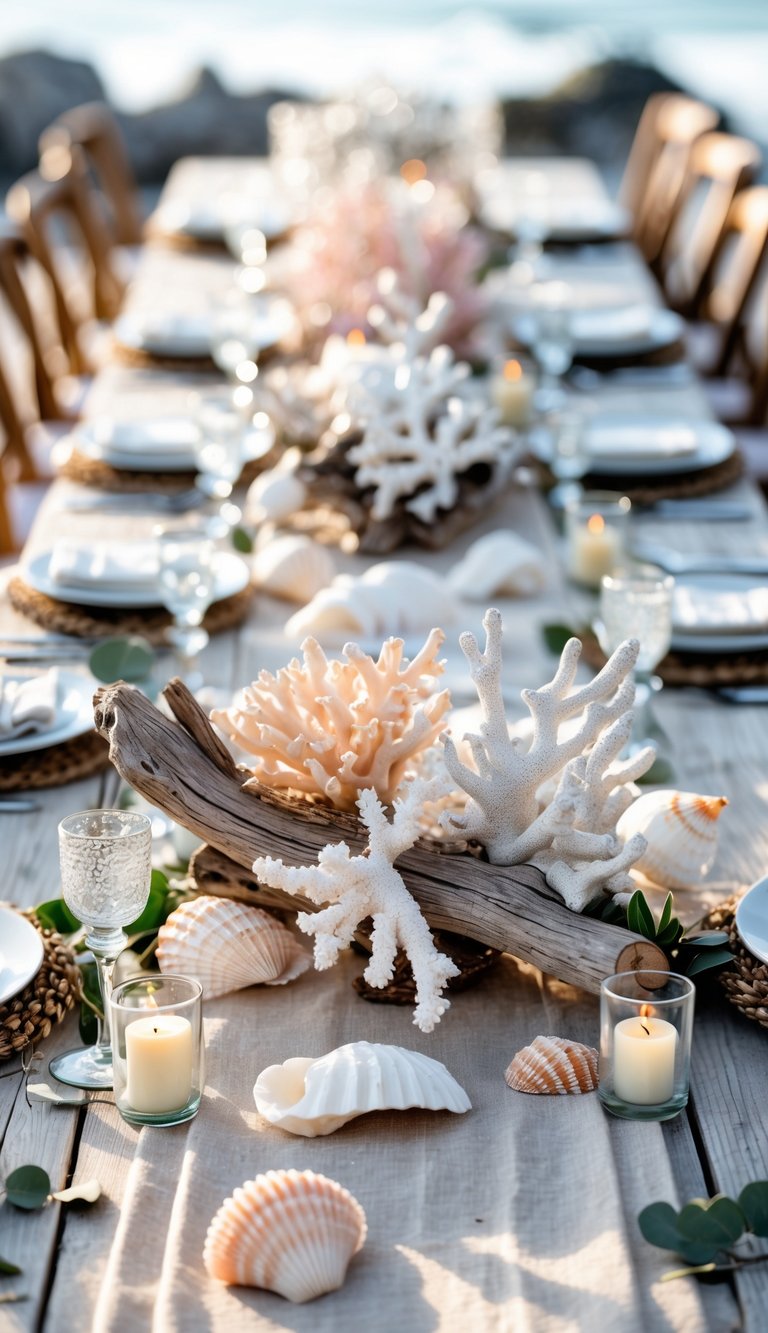A wedding table with a centerpiece made of driftwood and coral, decorated with seashells, candles, and greenery on a wooden table.