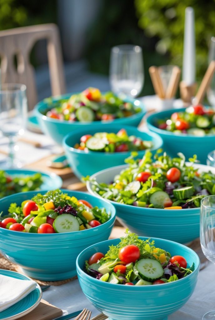 Several turquoise bowls filled with mixed green salads, cherry tomatoes, and cucumber slices are arranged on a set outdoor dining table with plates, glasses, and cutlery.