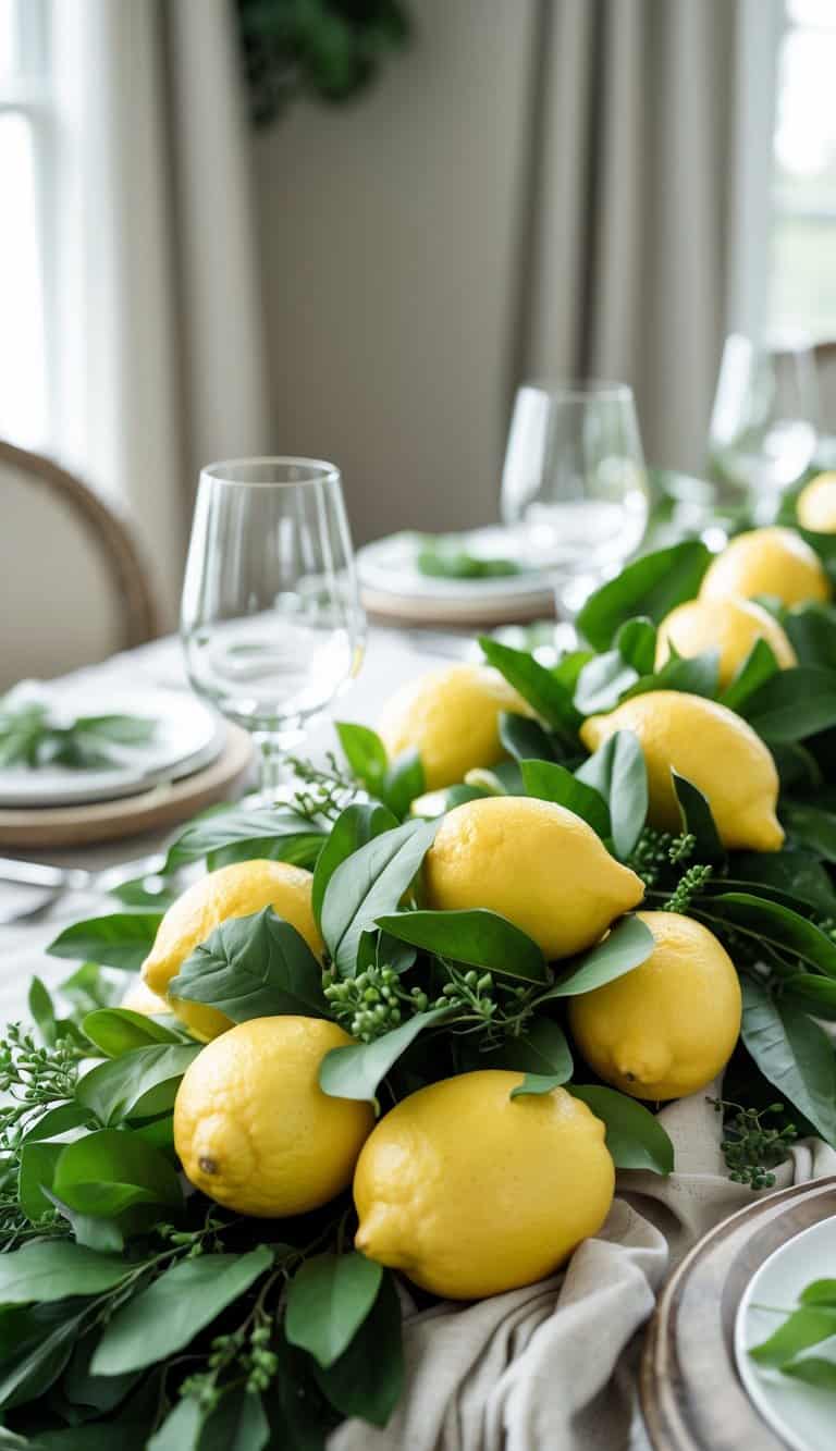 A dining table with a fresh lemon centerpiece surrounded by green leaves and simple table settings.