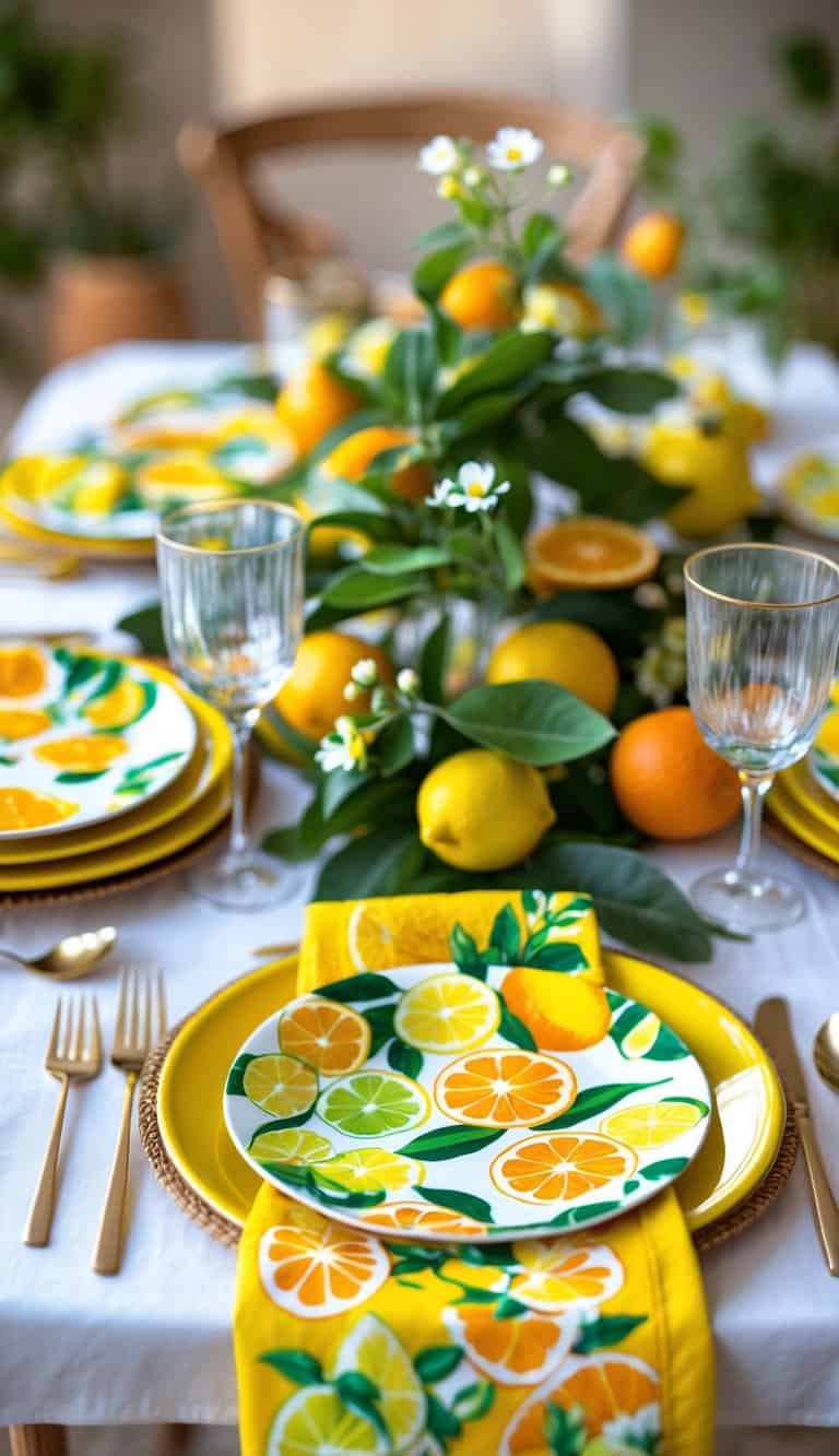 A table set with bright yellow napkins featuring citrus prints, surrounded by citrus fruits and matching tableware.