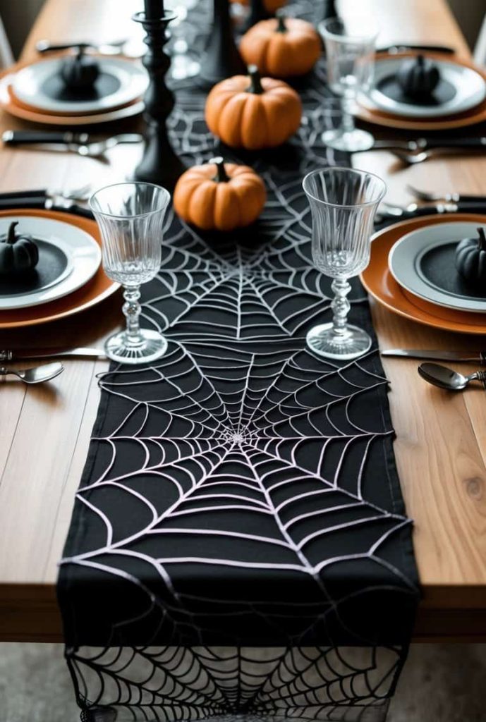 A dining table set with black candles, small pumpkins, clear glasses, and a black table runner featuring a white spiderweb pattern.