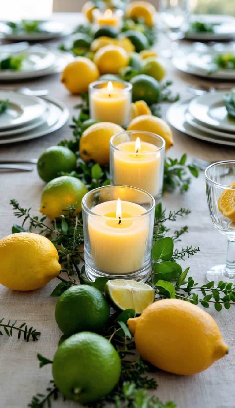 A table decorated with lemon-scented candles, fresh citrus fruits, and greenery arranged around plates and glassware.