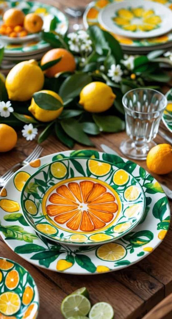A wooden table set with plates featuring citrus fruit designs, surrounded by fresh lemons, limes, leafy greenery, and glassware.