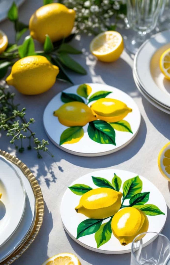 A table set with white plates, glasses, and lemon-themed coasters, decorated with whole and sliced lemons, on a white tablecloth.