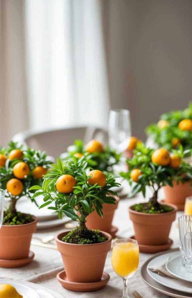 A dining table set with plates, glasses, gold cutlery, and potted miniature orange trees as centerpieces, with glasses of orange juice.