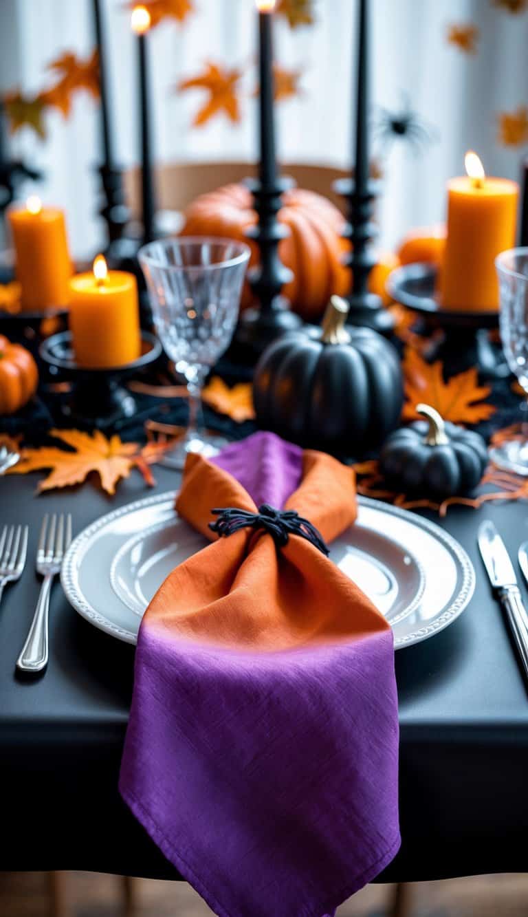 A table set for Halloween with orange and purple ombre napkins, pumpkins, candles, and autumn decorations.