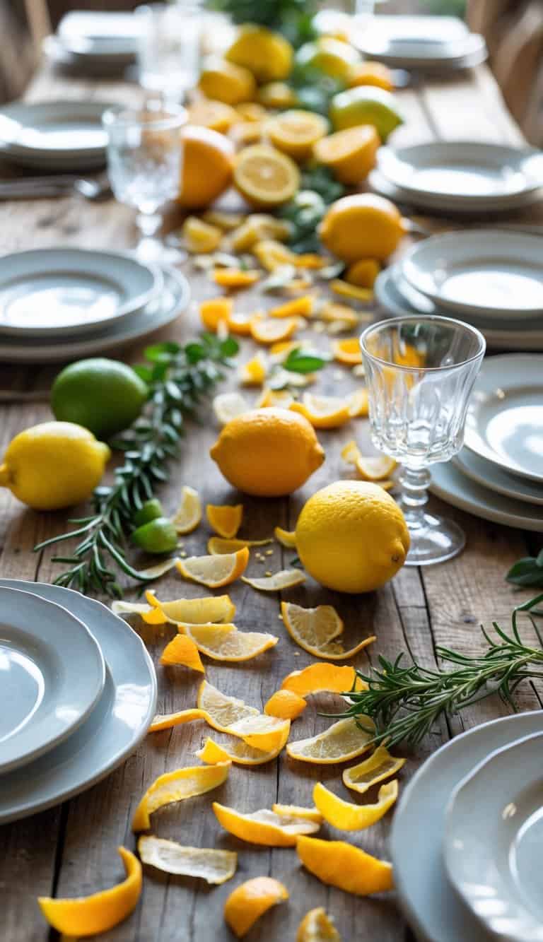 A rustic wooden table decorated with lemon and orange peel confetti, fresh citrus fruits, glassware, white plates, and greenery accents.