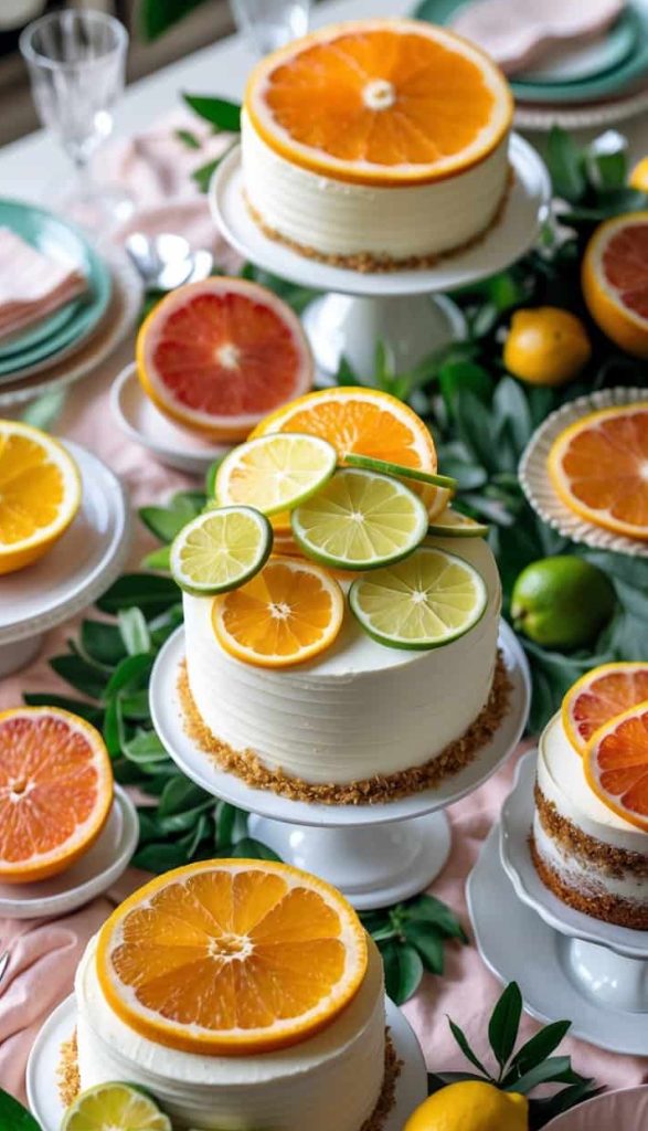 Three white-frosted cakes topped with sliced citrus fruits are displayed on cake stands amid assorted whole and sliced lemons, limes, and oranges on a decorated table.