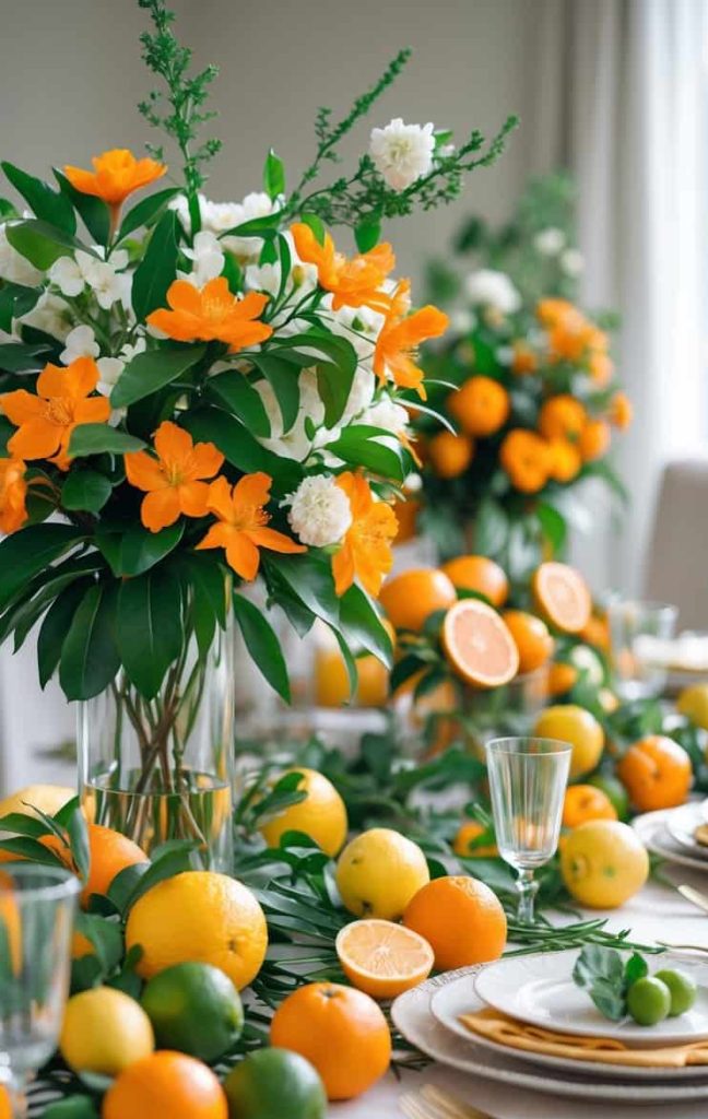 A dining table decorated with vases of orange and white flowers, surrounded by assorted citrus fruits, glassware, and plates, creating a fresh and vibrant setting.