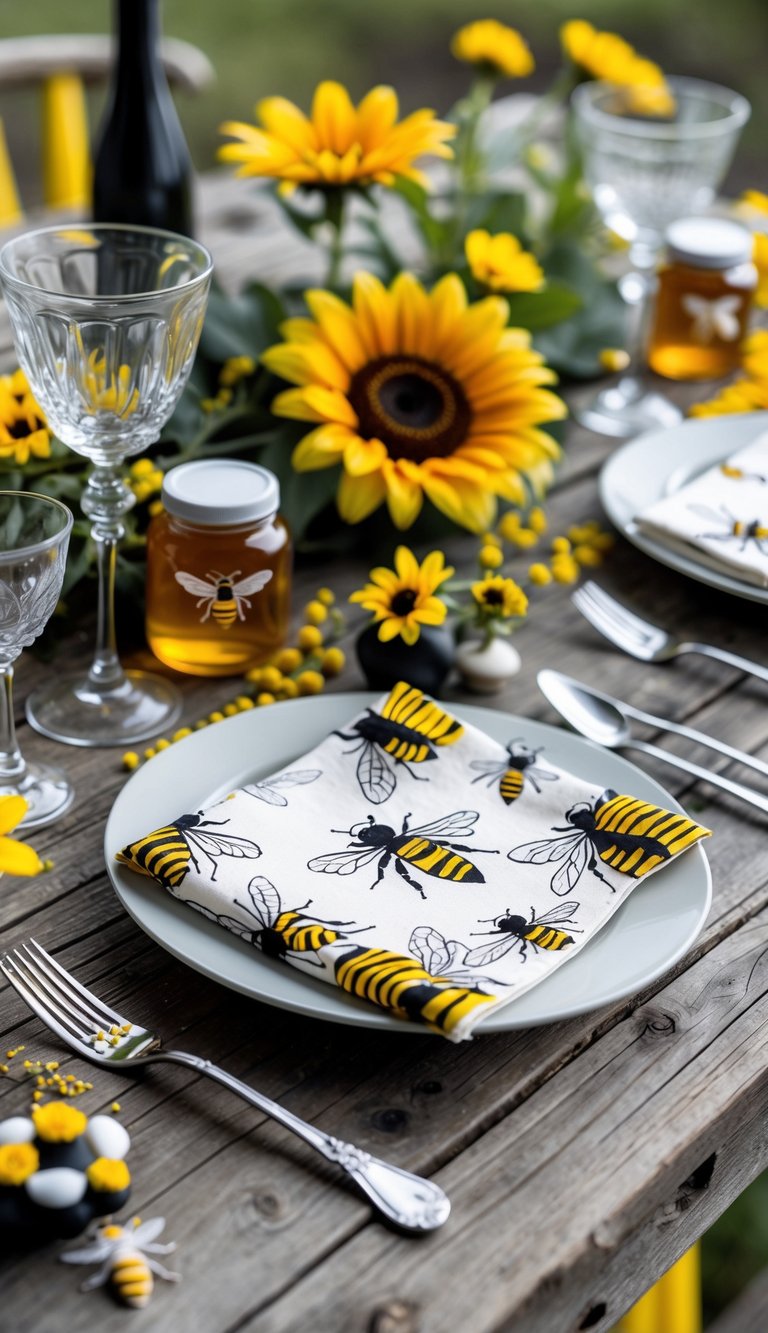 A wooden table set outdoors with bee-patterned cocktail napkins, yellow flowers, glassware, and honey jars arranged in a decorative tablescape.