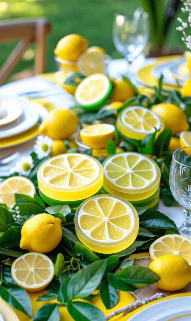 A table set with plates, glasses, and cutlery, decorated with whole lemons, lemon slices, and green leaves, creating a fresh, citrus-themed centerpiece.