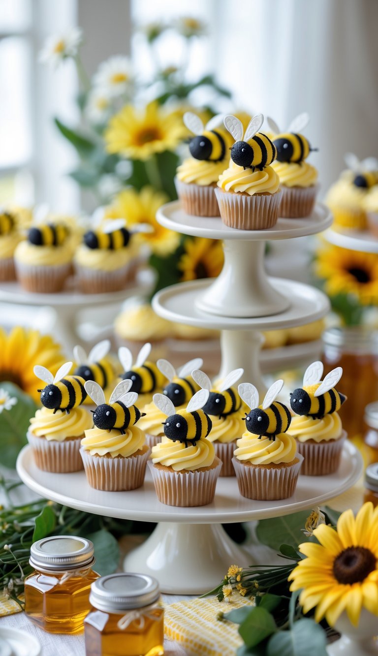 A table set with numerous cupcakes topped with bee-shaped decorations, surrounded by yellow and black themed party decor including flowers and honey jars.