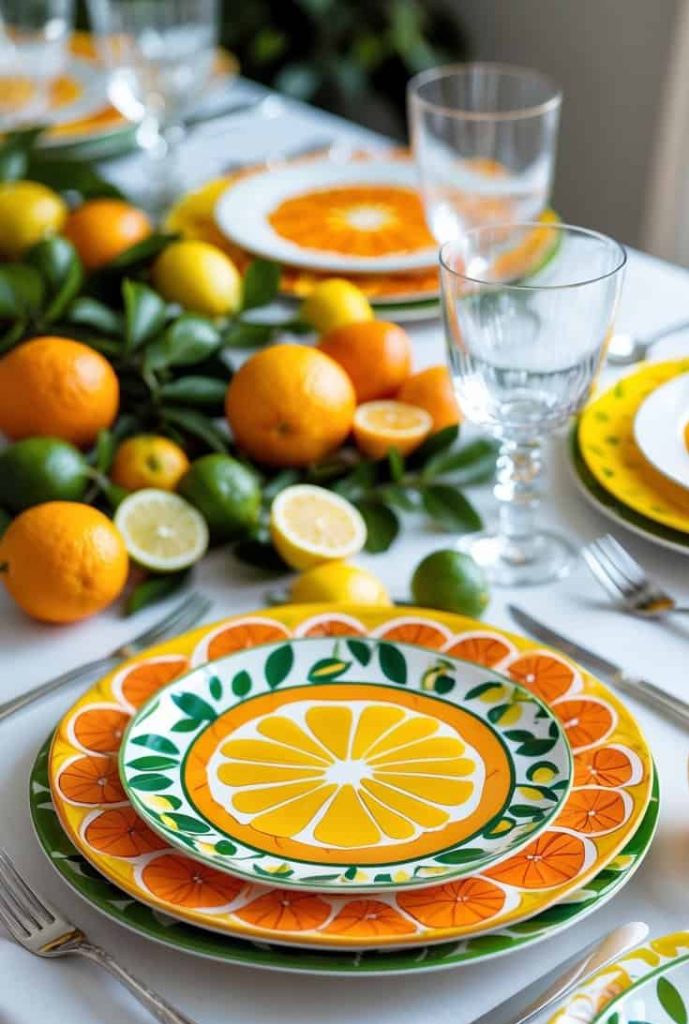 A table is set with citrus-themed plates, silverware, glassware, and decorated with whole and cut lemons, limes, and oranges on a white tablecloth.