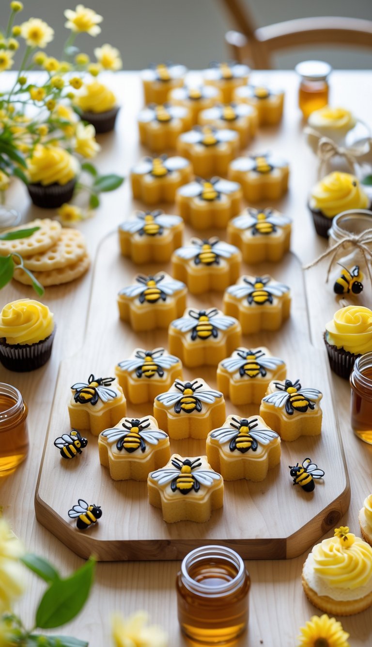 Bee-shaped cookie cutters arranged on a wooden table with bee-themed party treats and decorations around them.