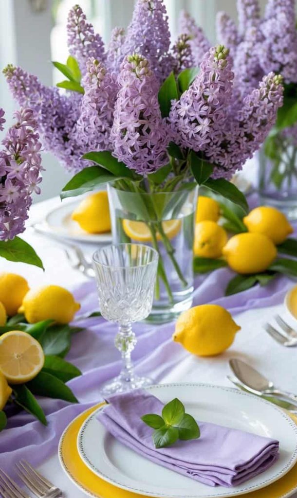 A table set with white plates, yellow chargers, lavender napkins, clear glassware, vases of lilacs, and scattered lemons as decoration.