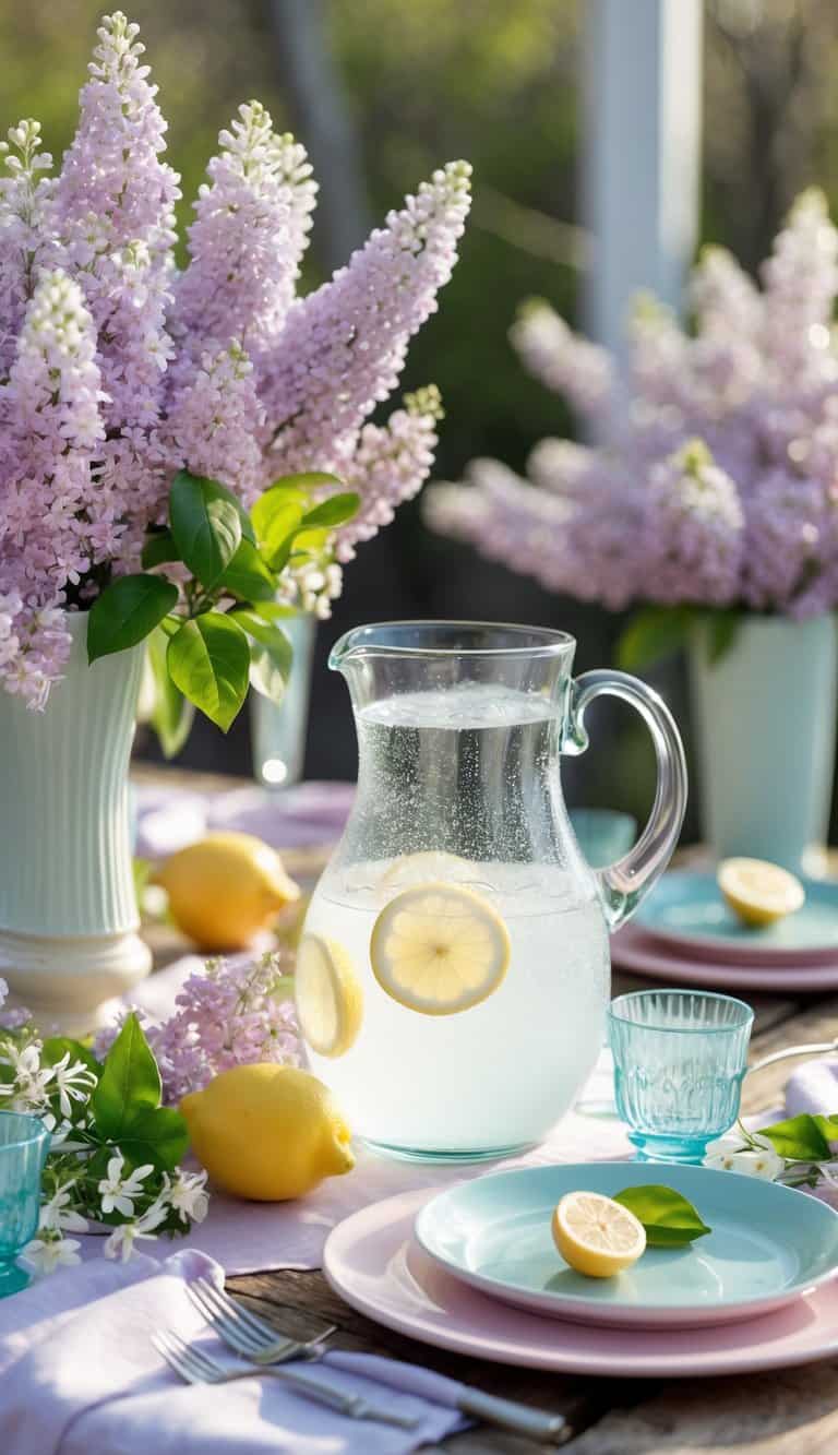 A spring outdoor table set with a pitcher of fresh lemonade and vases of blooming lilac flowers surrounded by plates and glasses.