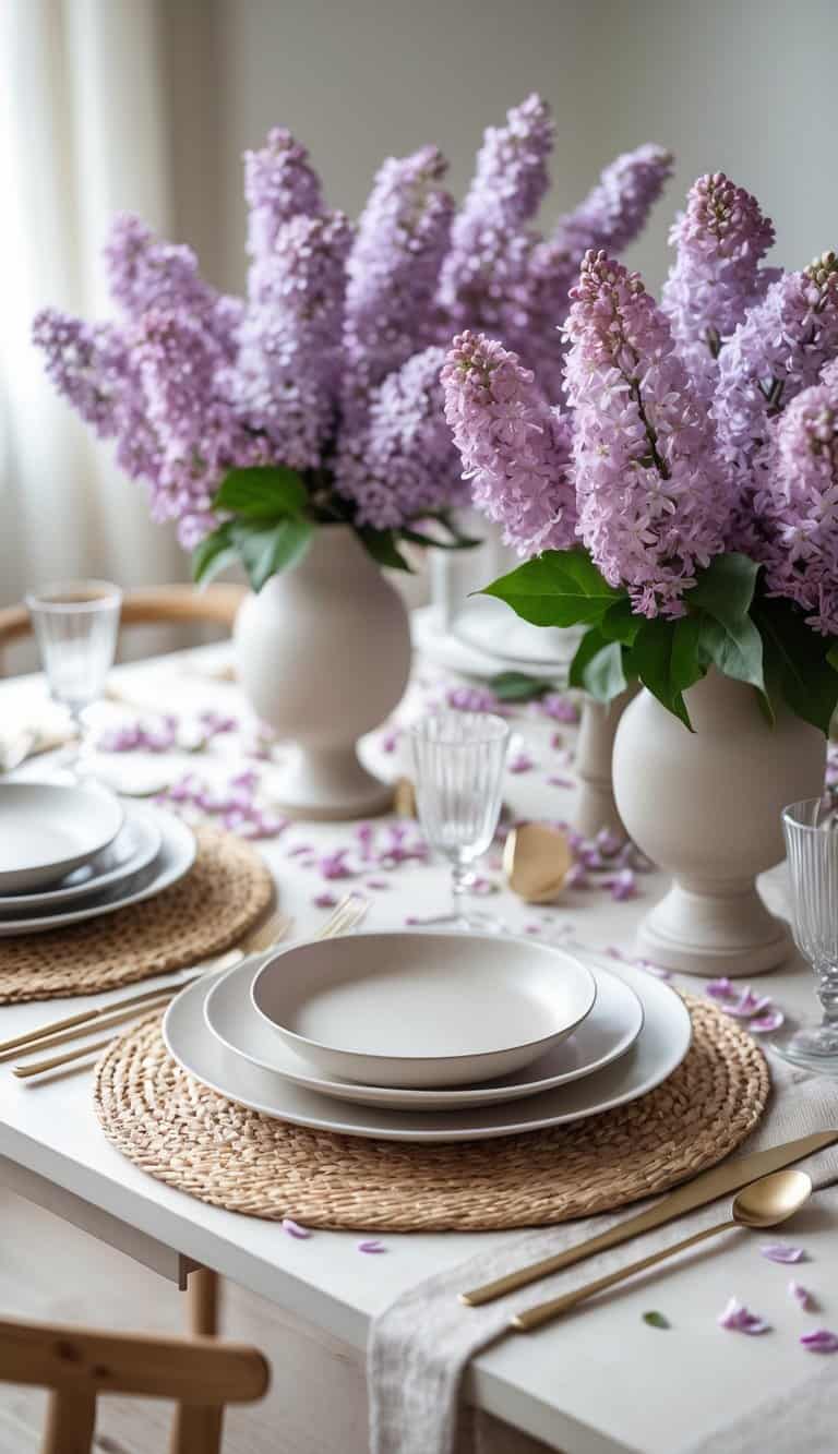 A table set with woven placemats and fresh lilac flowers arranged in vases and scattered petals.
