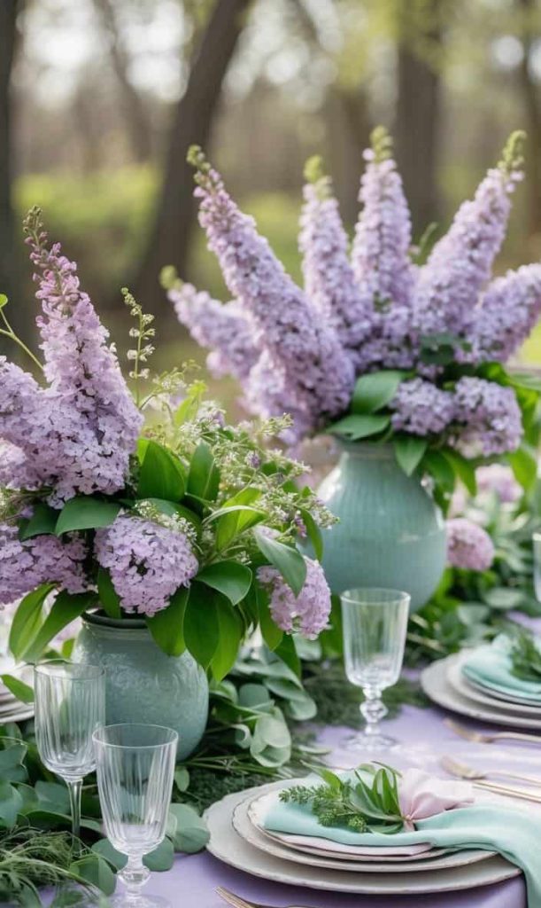 An outdoor table set with plates, glasses, and cutlery, decorated with lilac flower arrangements in vases and a lavender tablecloth.