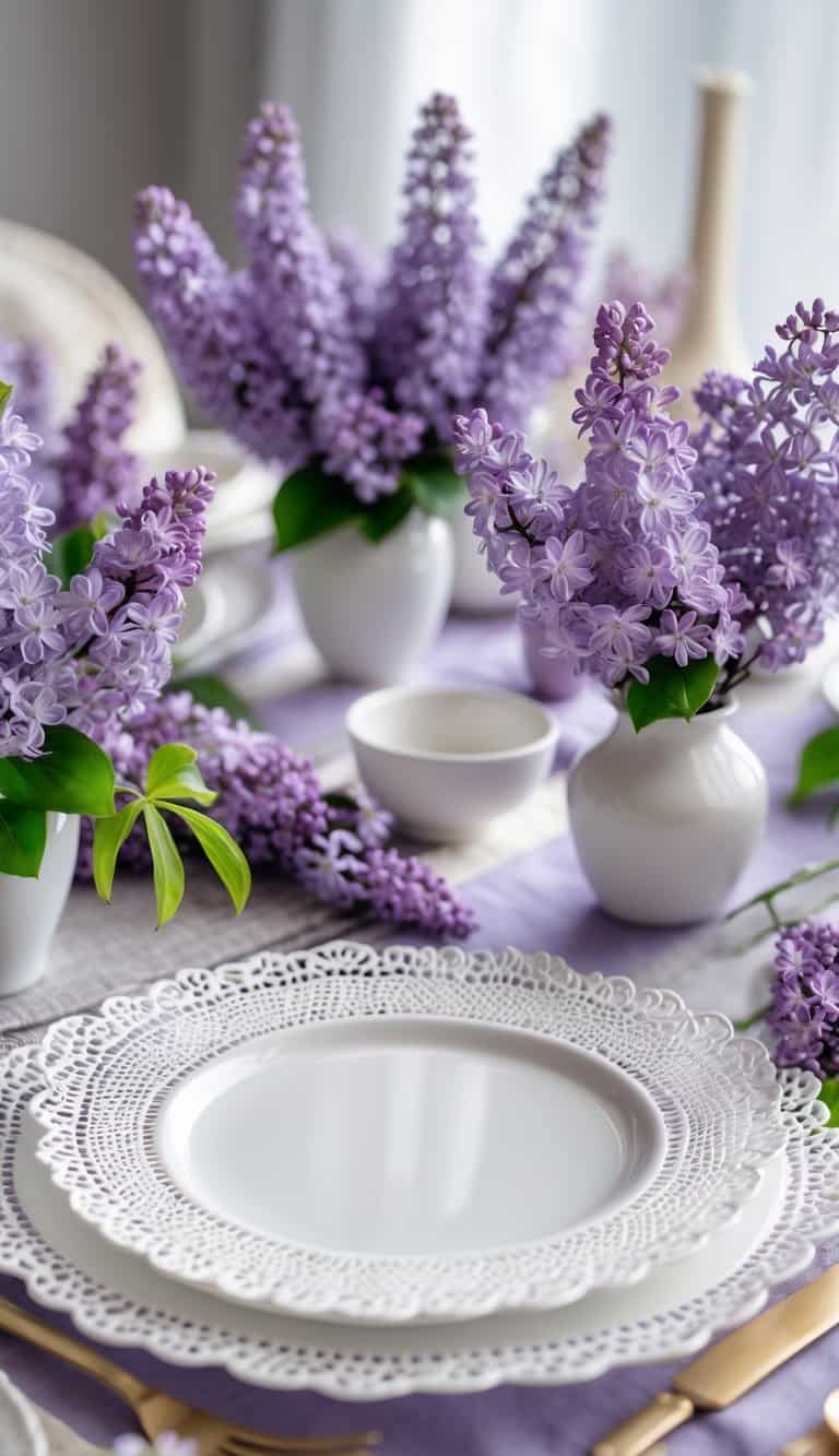 A table set with white lacy rim plates and fresh lilac flowers arranged around them.